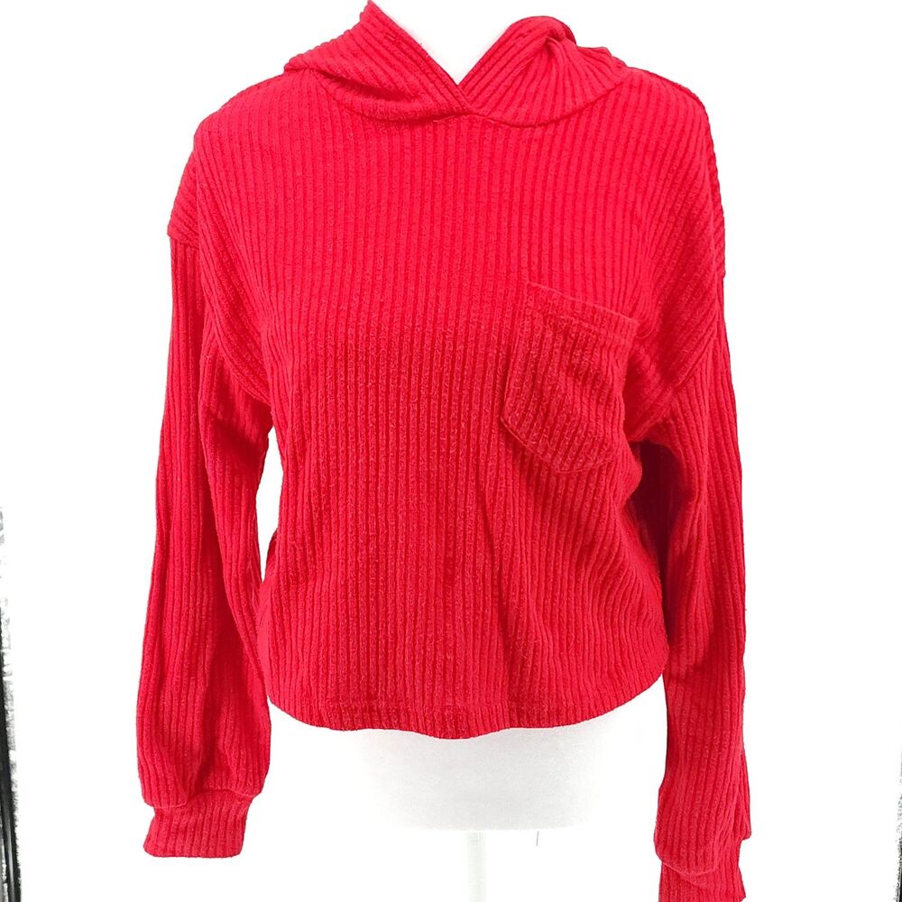 SHEIN Red ribbed crop sweater with hood (xs)